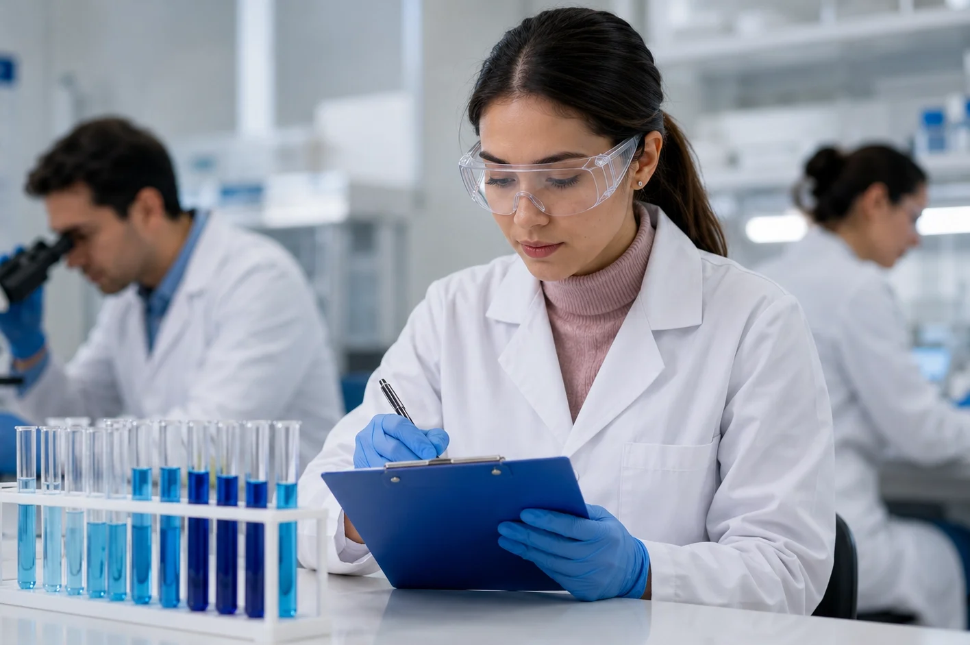 Mujer trabajando en laboratorio farmaceutico.